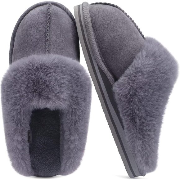 🆕Women Dark Grey Suede Fluff Dual Memory Foam Arch Support Warm Scuff Slipper - Picture 9 of 9